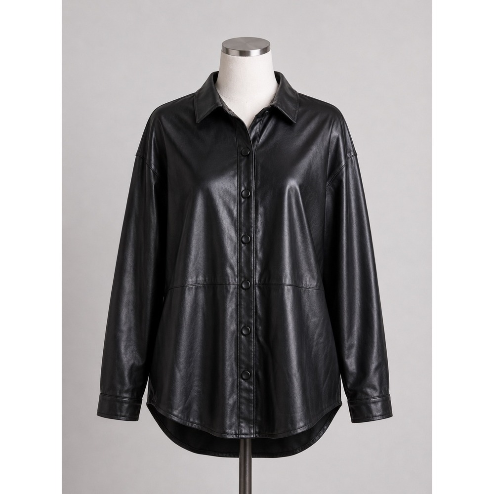 Fashion Womens Black Faux Leather Button Down Shirt‎ Oversized Shacket NEW Small